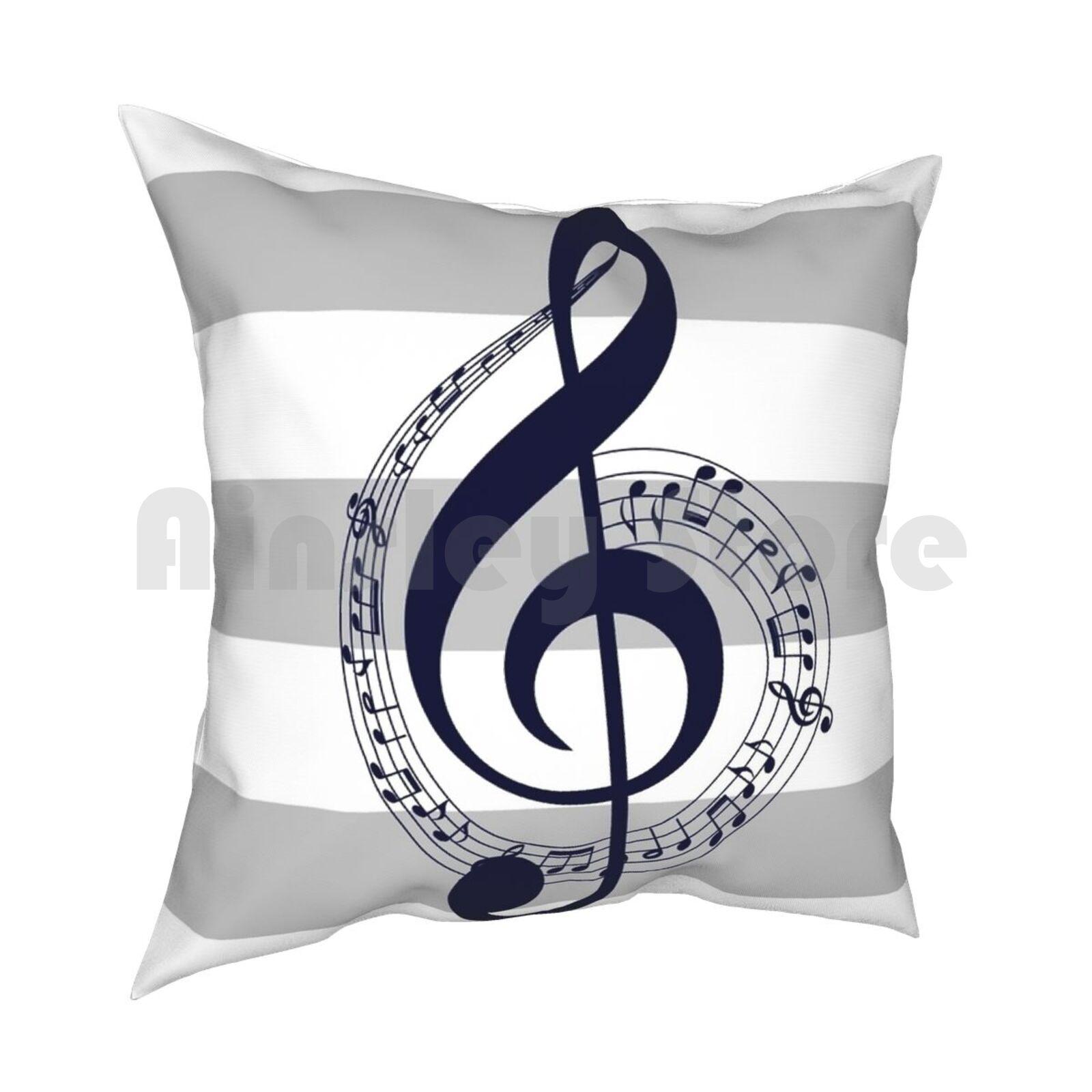 Navy Blue Music Notes On Silver Gray And White Stripes Pillow Case Printed Home Soft DIY Pillow Cover Music Notes Treble 30x30cm 12x12in
