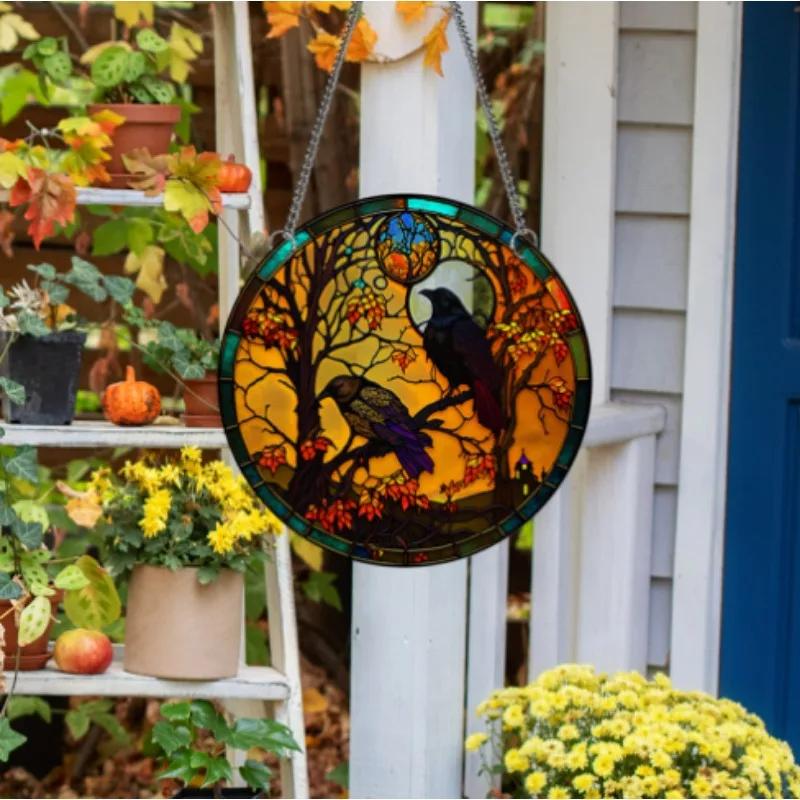 Black Cat Crow Acrylic Round Plate Home Halloween Window Wall Decor Creative Craft Pendants Creation Pendant Retro Decoration