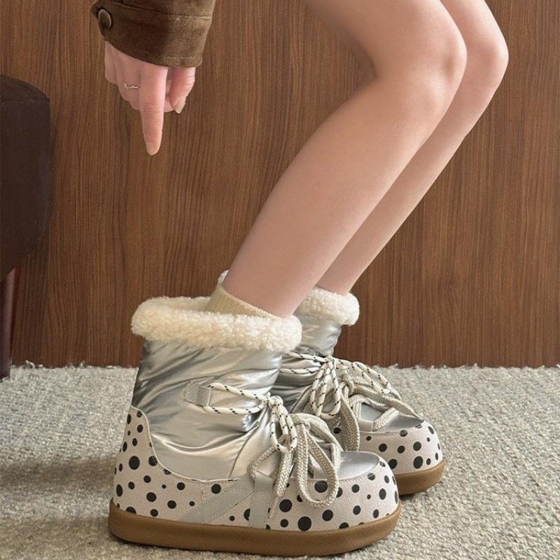 Womens Winter Warm Snow Boots Fleece Lined Polka Dot Mid-Calf Non-Slip Comfortable