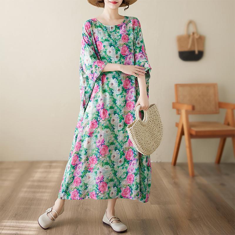 DIMANAF New 2025 Summer Dress Women Vintage Printing Floral Casual Plus Size Dress Loose O-Neck Dress Maxi