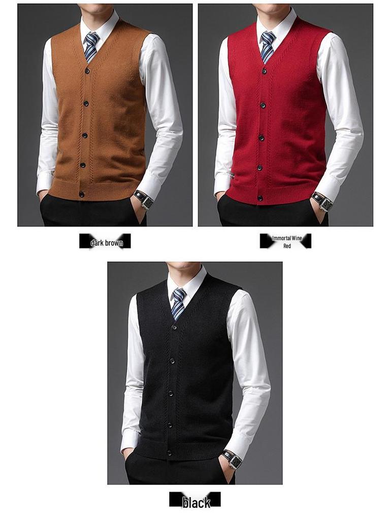 Men's Wool V-Neck Vest: Autumn/Winter Middle-Aged Casual Knitted Thick Cardigan