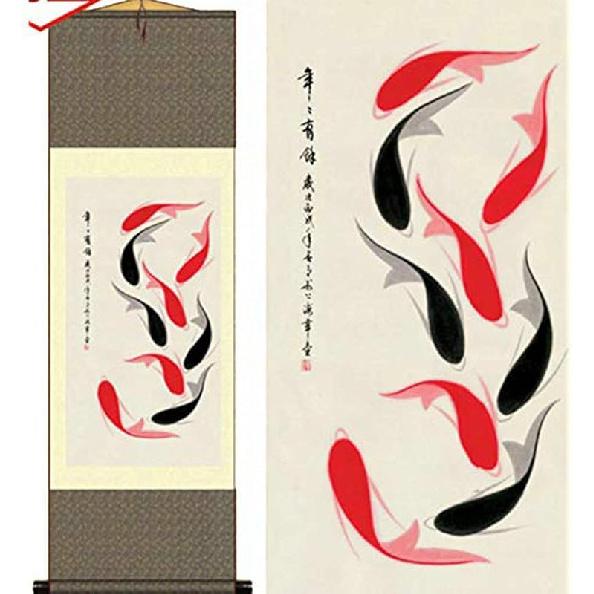 AtfArt Asian Wall Decor - Beautiful Silk Scroll Painting of Waterfall River Landscape - Mountain Spring Autumn Color Oriental Decor Chinese Art Wall