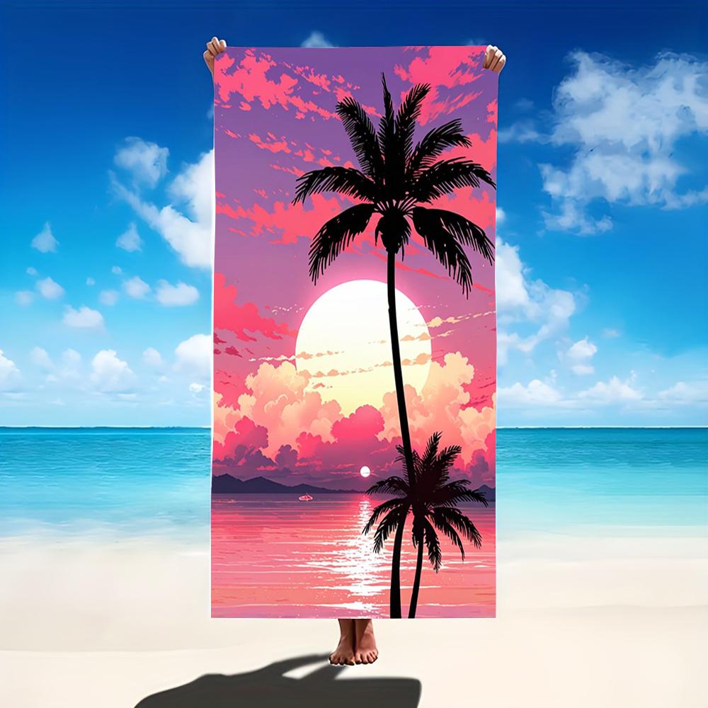Tropical Sunset Palm Tree Ocean Print Beach Towel,absorbent fabric for beach vacations,resort stays,lake trips outdoor picnics