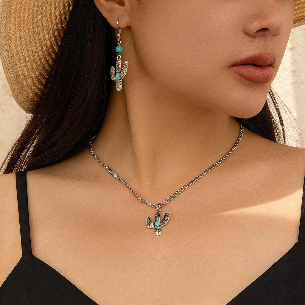 Retro Ethnic Turquoise Coconut Tree Necklace, Simple Threaded Love Necklace Jewelry Set