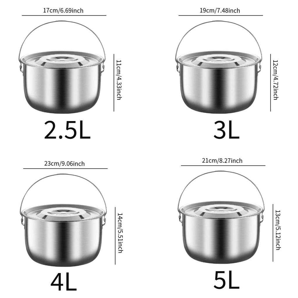 304 SUS Outdoor Camping Pot with Handle and Lid Hanging Camping Cookware Durable Multifunctional steaming,boilin,Fryer Pot