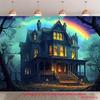 2D Gothic Halloween Backdrop - Magical Haunted House with Rainbow Sky Tapestry