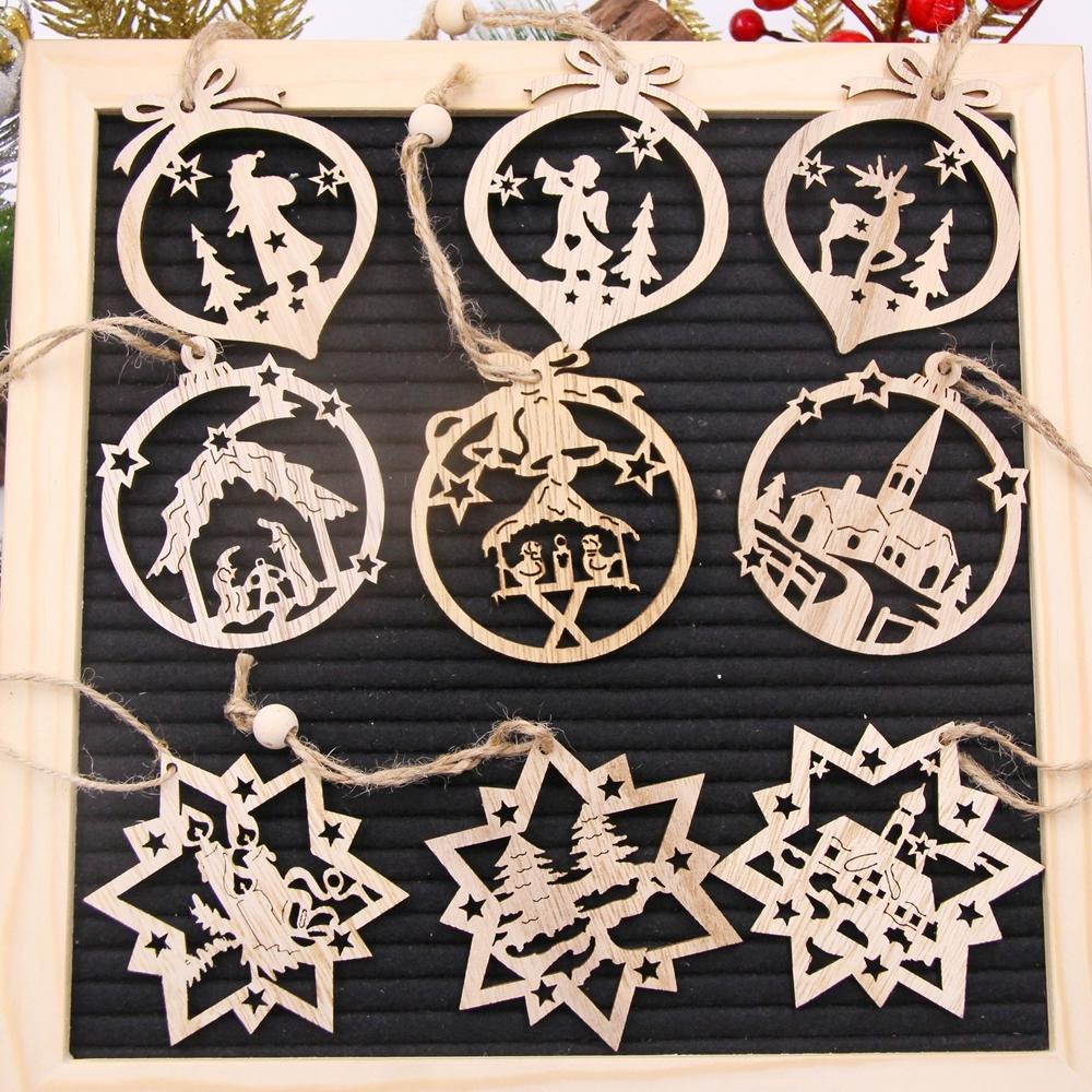 9Pcs Christmas Wooden Pendants Hollowed Bell/Star/Ball Hanging Ornaments Naviada Home Party Tree Decor DIY Painting Noel Gift