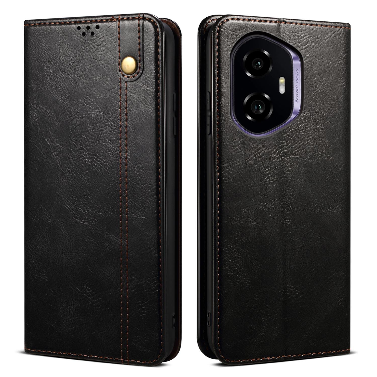 

For Honor 300 Case Crazy Horse Texture Waxy Leather Wallet Stand Phone Cover Black