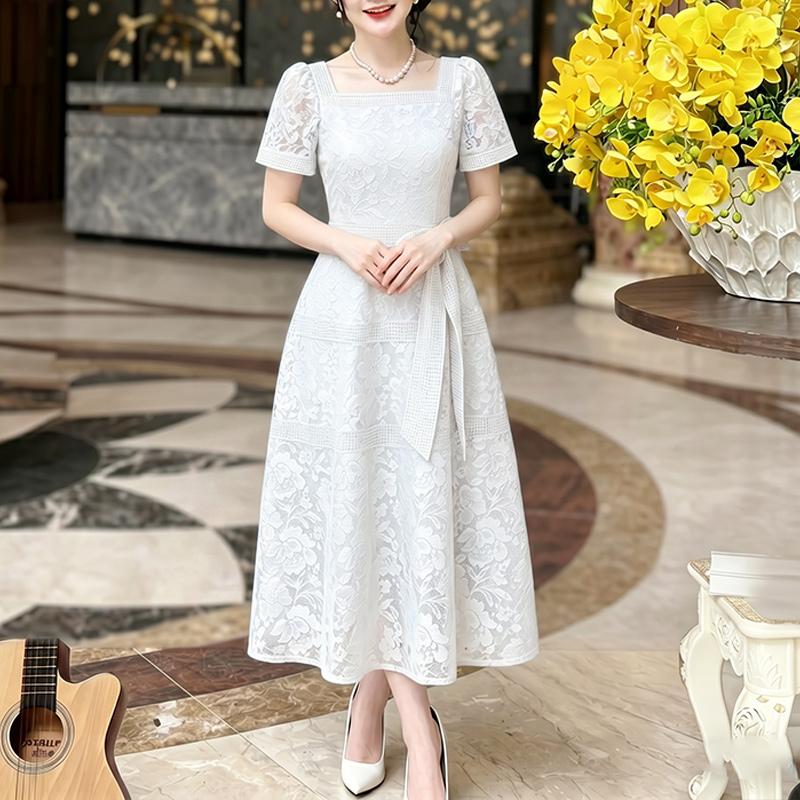 ZANZEA Women Elegant Square Collar Short Sleeve Lace Patchwork Dress M белый