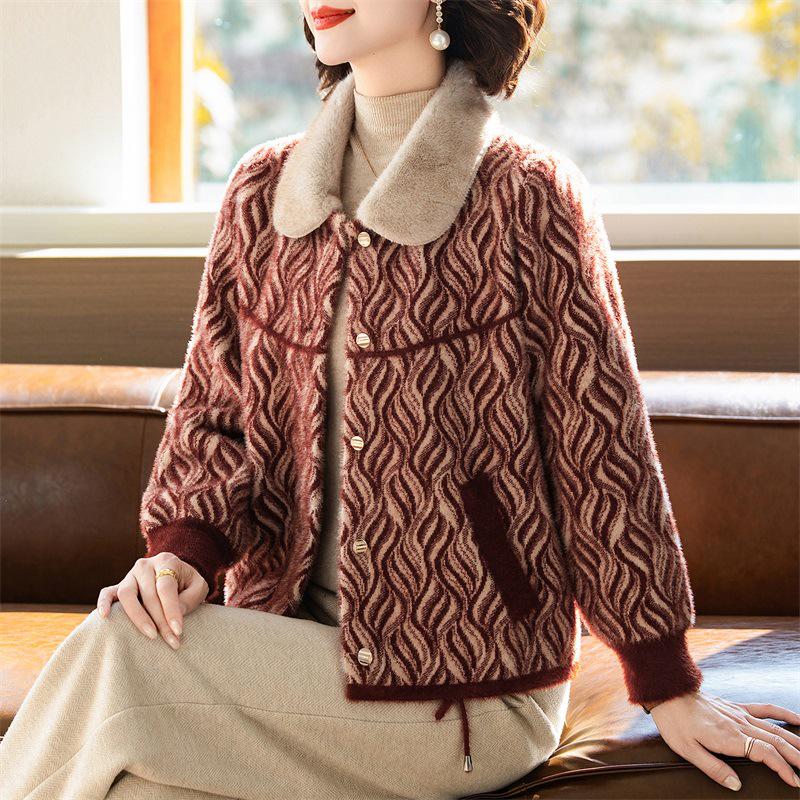 

Women s Stylish Winter Coat: Middle-aged and Elderly Imitation Mink Velvet Woollen Thick Knit Cardigan Top XL (105-120 Jin)