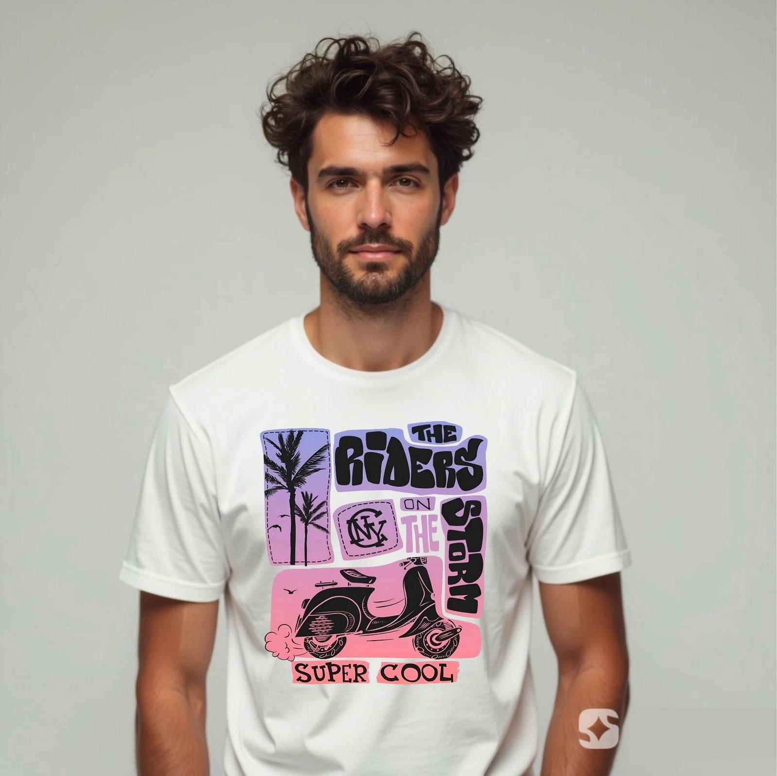 

Super Cool Scooter T-shirt Riders On The Storm Beach Top Latest Men s Unisex Tee L