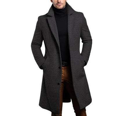 Men Solid Color Woolen Coat Autumn Winter Mid-Length Windbreaker with Pockets Lapel Long Sleeve Single Breasted Formal Outwear