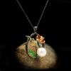 Christmas Enamel Black Gold Tree Vine Lizard Natural Stone Two-Color Necklace Gift Peony Flower Copper