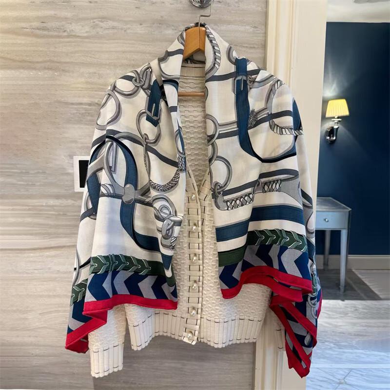 NINA SOLOR Buckle Wrap Color Block Silk Wool Square Scarf Shawl