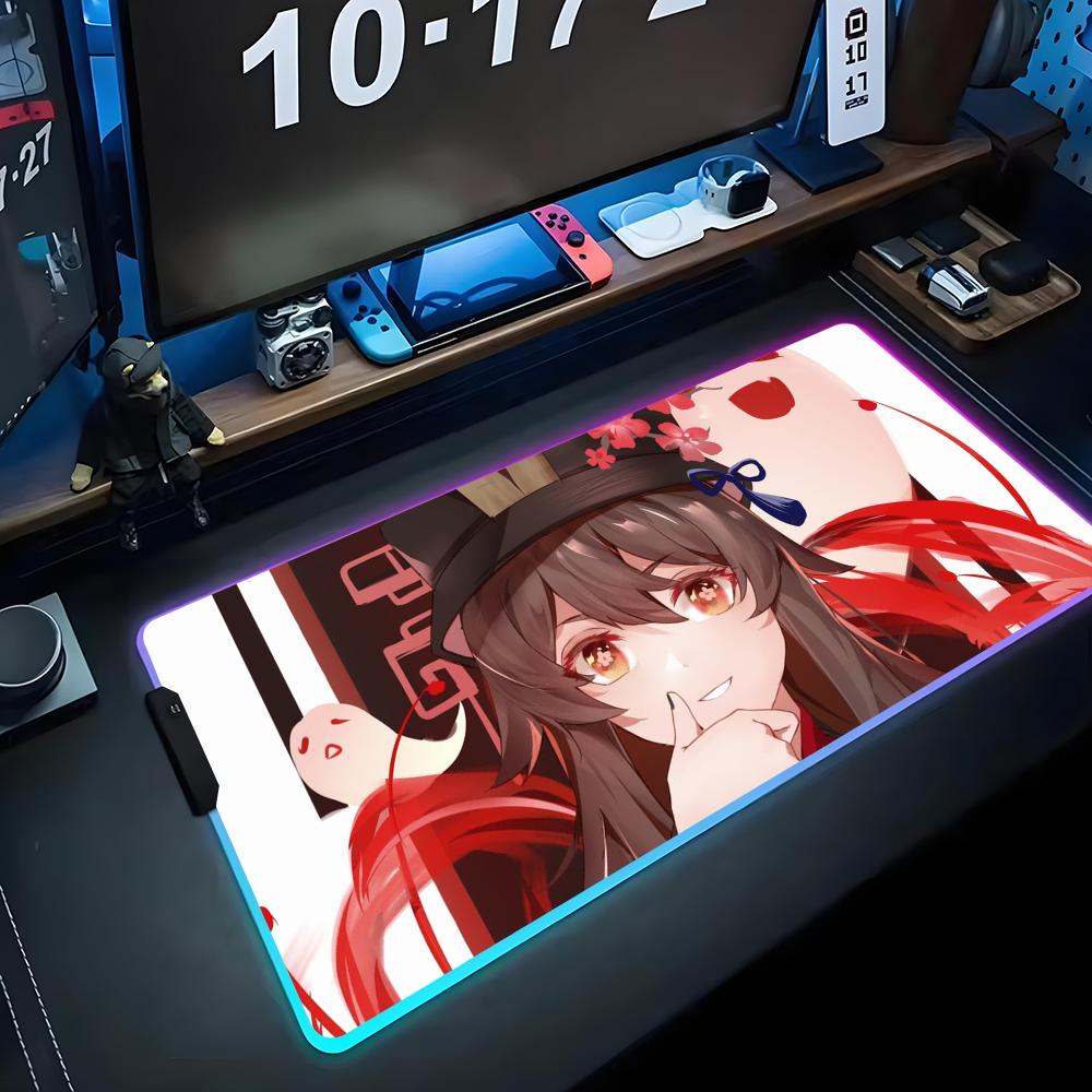 hu tao Mouse Pad RGB Gaming Mousepad Big LED Pad PC Desk Mat Luminous Mouse Pad Large Keyboard Mats Table Rug With Backlit