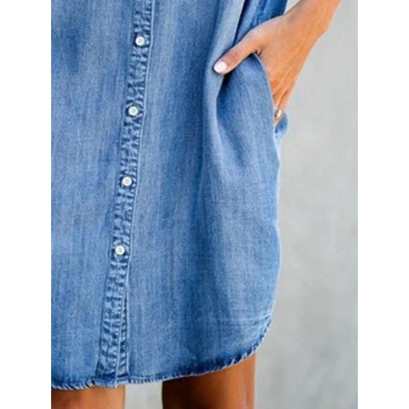 Women's Slim Fit Denim Shirt Dress - Short Sleeve Button-Down Midi Dress with Pockets, Casual Stretchy Jean Dress for Summer, Spring