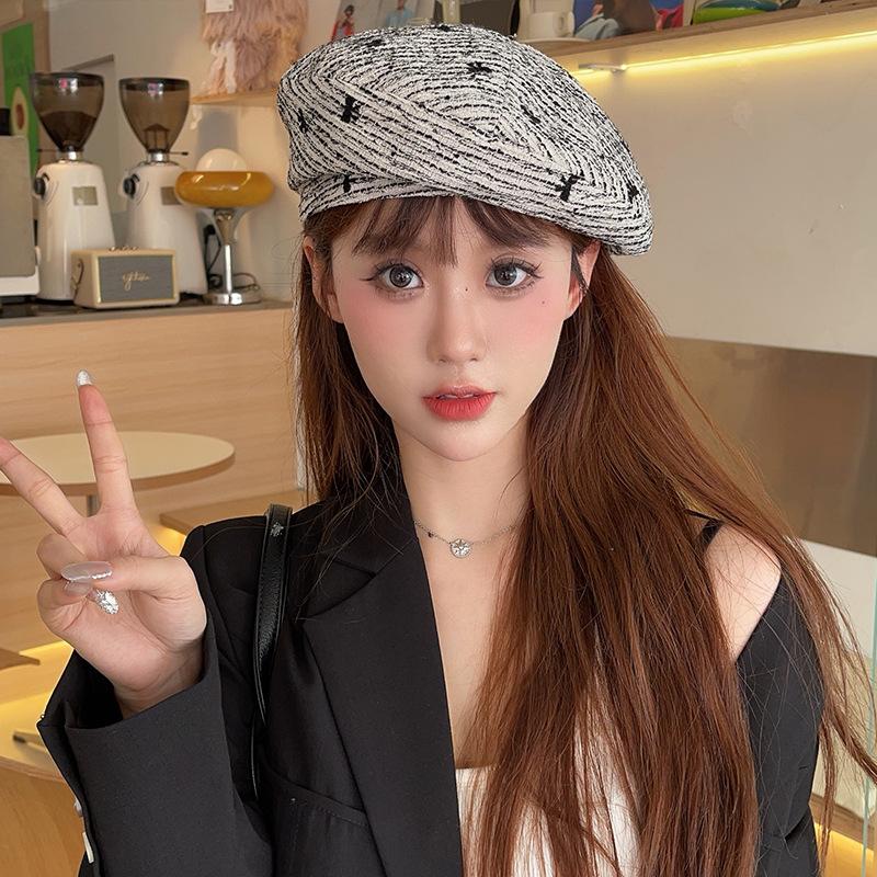 Hat Women's Korean Style Fashion Striped Beret Bow Embroidered Face Little Painter Hat Simple Casual Octagonal Hat