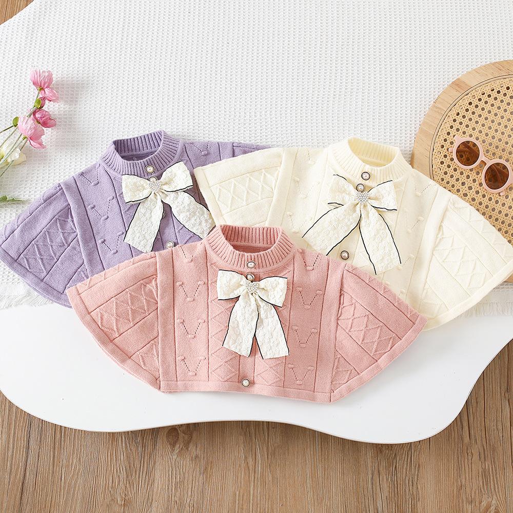 2025 New Autumn Korean Style Cape Knit Dress 2 Piece for Kids Clothing Set Bowknot Long Sleeve Dress Set