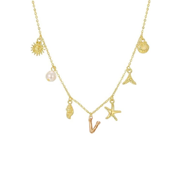 Ocean Theme Gold Charm Necklace with Initial Shells Letter Pendant Suitable for Surfer Girls and Beach Enthusiasts