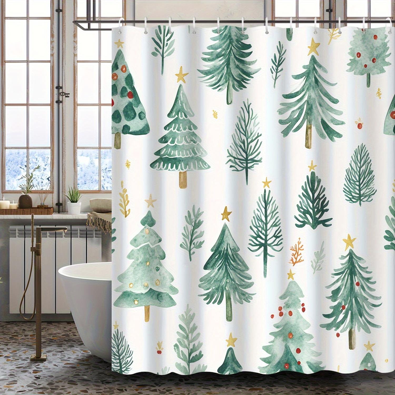 

1pc Christmas Green Theme Cartoon Pine Forest Shower Curtain, Decorative Printed Shower Curtain with 12 Hooks W90xH180cm