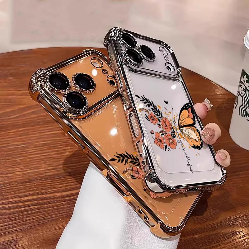 Floral and Butterfly Pattern Electroplated Phone Case For iPhone 11 12 13 14 15 16 17 Pro Max Plus Air Shockproof Cases Cover