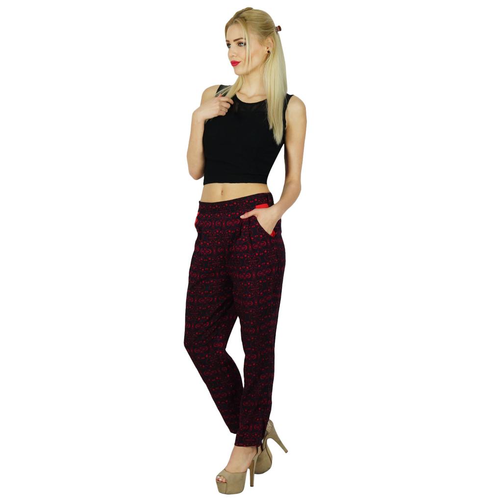 Bimba Women Red Printed Trouser Casual Pants With Pocket Boho Clothing