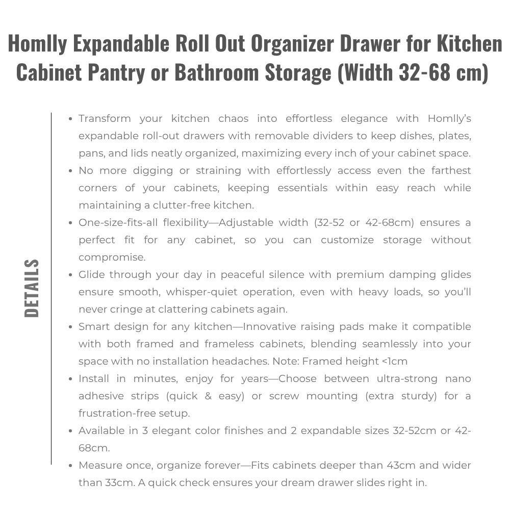 HOMLLY Expandable Roll Out Organizer Drawer for Kitchen Cabinet Pantry or Bathroom Storage (Width 32-68 Cm)