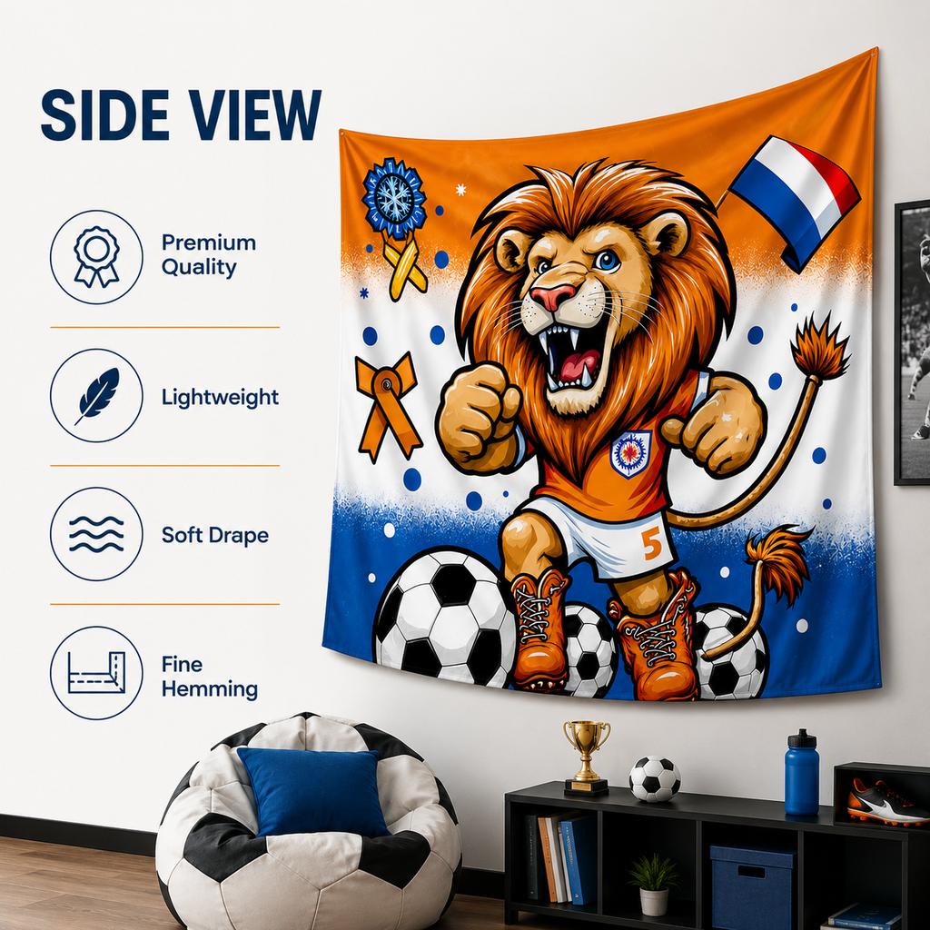 Flat Print Netherlands Flag Soccer Tapestry World Championship Cartoon Lion Mascot Wall Hanging For Sports Fan Gift