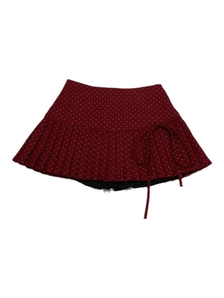 Women's High Waist Red Polka Dot Pleated A-Line Skirt - Anti-Exposure, Autumn/Winter, Short, Bow Detail, Petite Fit