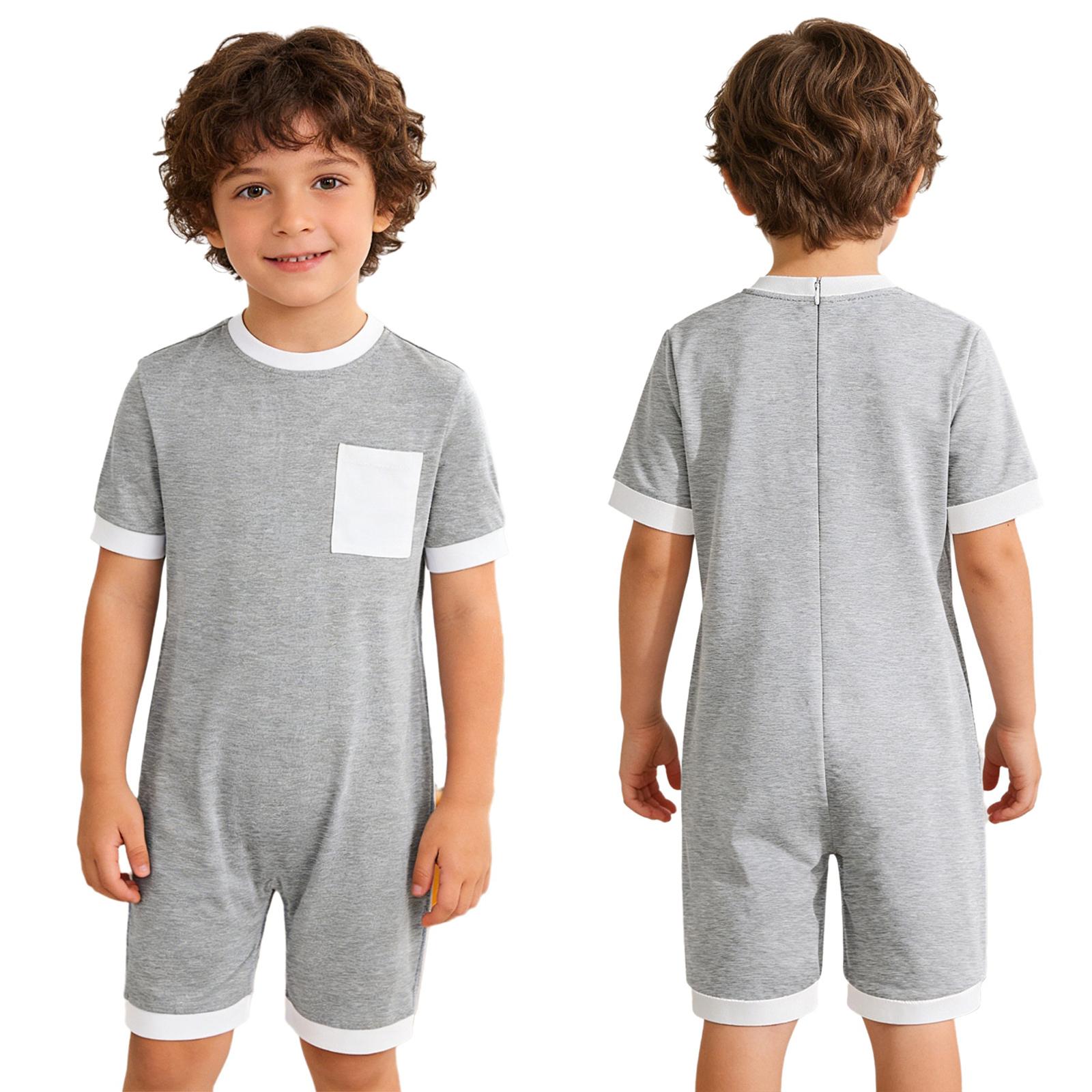 Unisex Kinder Spezielle Bedürfnisse Anpassbarer Strampler Anti-Auszieh-Rücken Unsichtbarer Reißverschluss Rundhalsausschnitt Kurze Ärmel Kontrastfarben Oberschenkellang Jumpsuit mit Tasche 7-8 Years grau