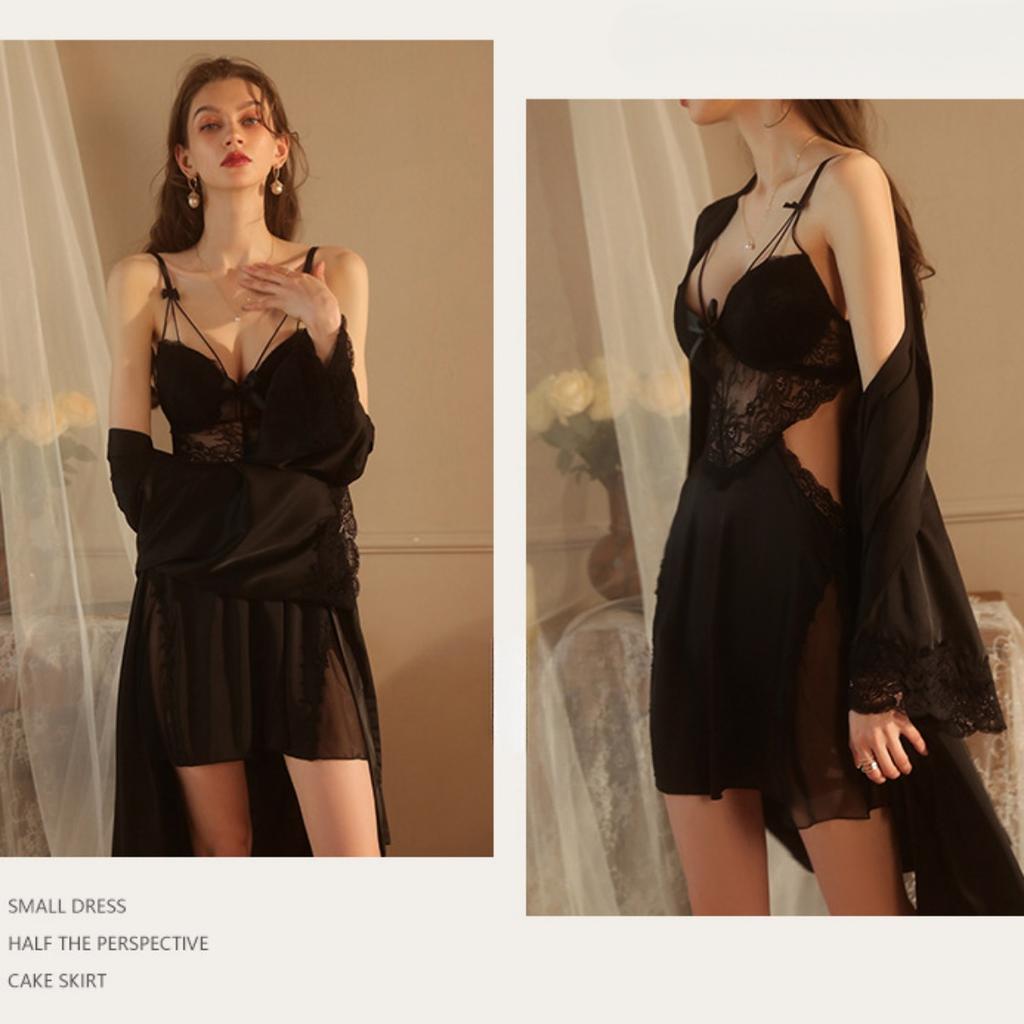 Sexy Lace Perspective Temptation Steel Ring Gathering Plus Chest Pad Large Size Suspender Skirt Women's Loungewear Set