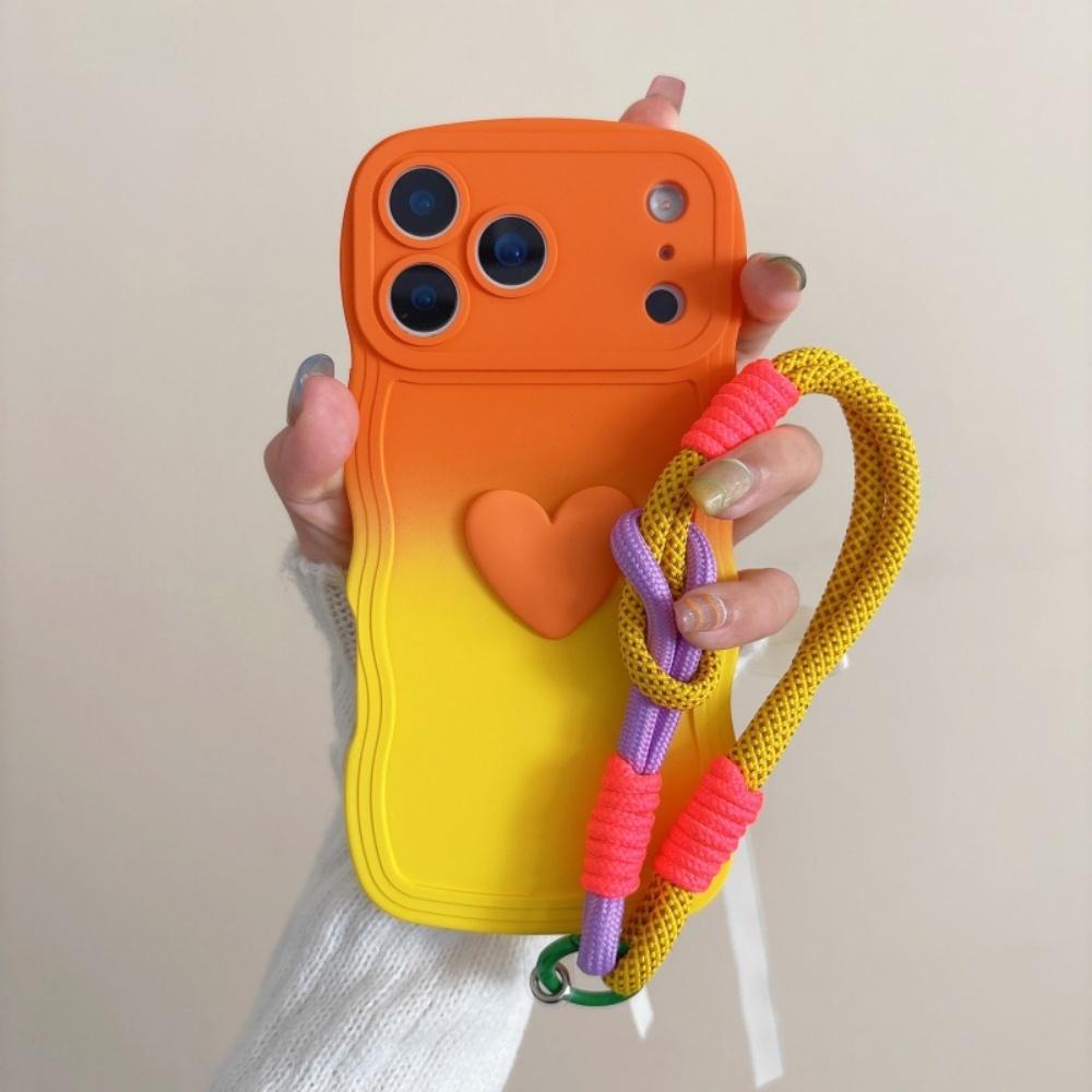 Gradient Color Wave Wrist Strap Case for IPhone 17 Pro Max Air 16 14 15 Plus 12 13 11 X XR XS Lanyard Love Heart Soft TPU Cover