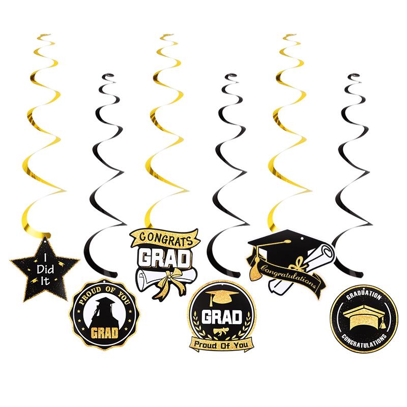 2026 Graduation Party Paper Banner Garland Hanging Spirals Gold Black Latex Balloon Class of 2026 Honeycomb Ornament Decoration