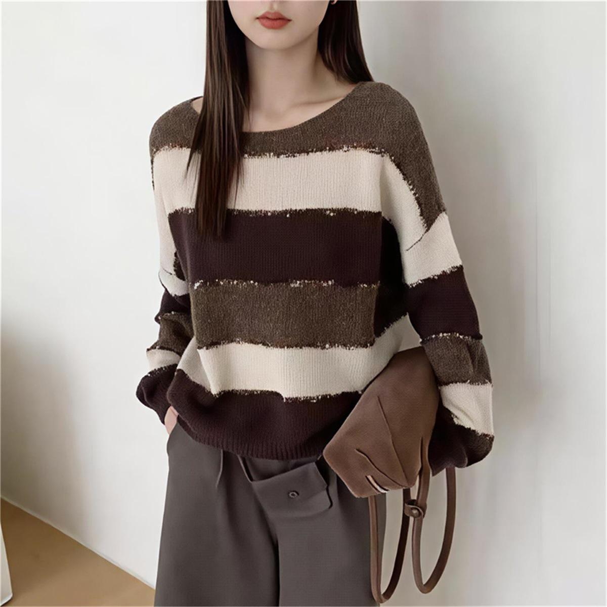

Fall/Winter 2025 Women s Loose Striped Sweater - High-End Cozy Knit Top XL