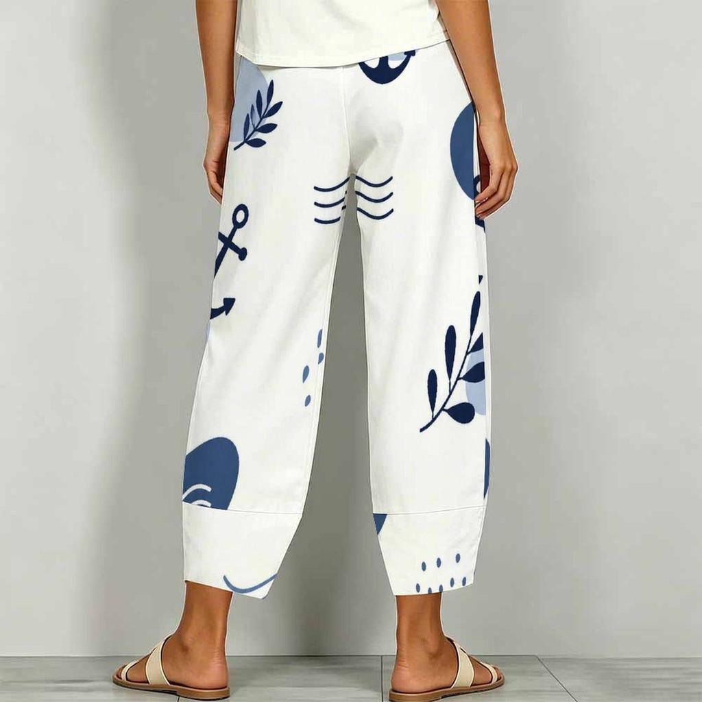 Women Plus Size Loose Nautical Print Cropped Pants Blue Beige Cross Hem With Pockets