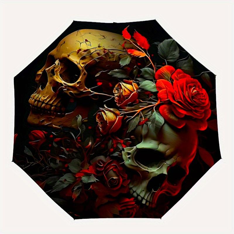 1pc Skulls in Bloom Automatic Opening and Closing Umbrella, Lightweight 3-Fold, With Cute Cartoon Characters, Suitable for Home, Outdoor and Dail