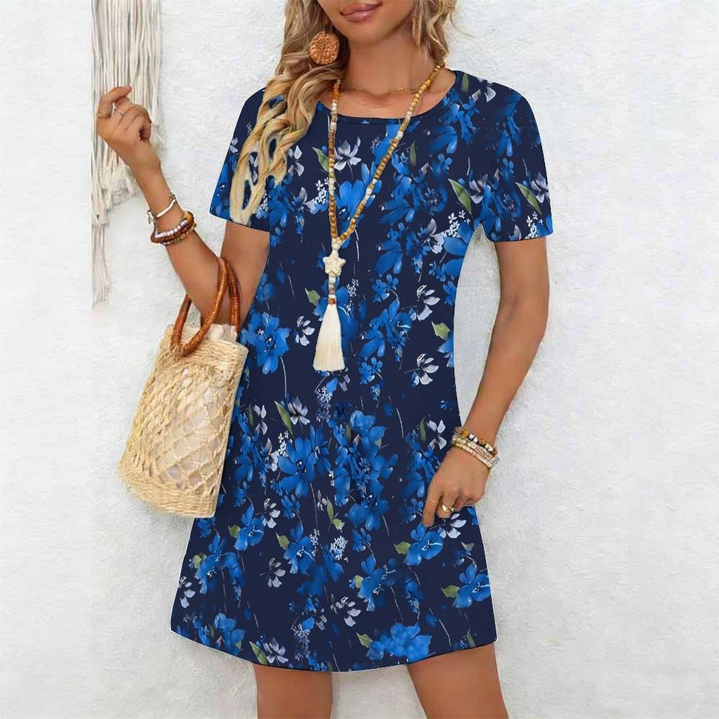 Women's Fashion Graceful Beautiful  Flowers and Lines Print Summer Spring Short Sleeve O-Neck Casual Dresses