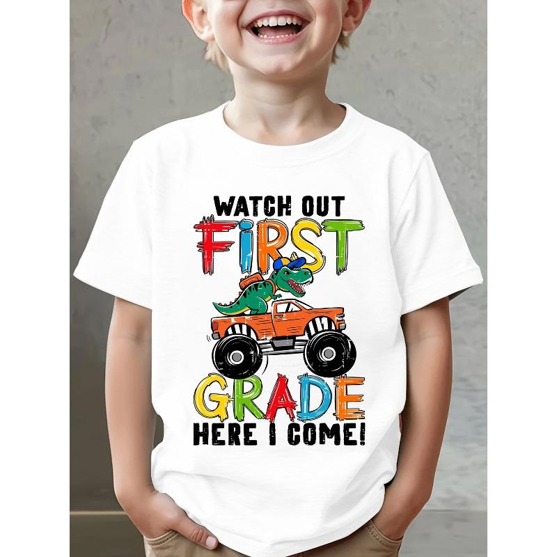 

Boys crew neck short sleeved T shirt with dinosaur themed elements for the school season print 98cm жёлтый