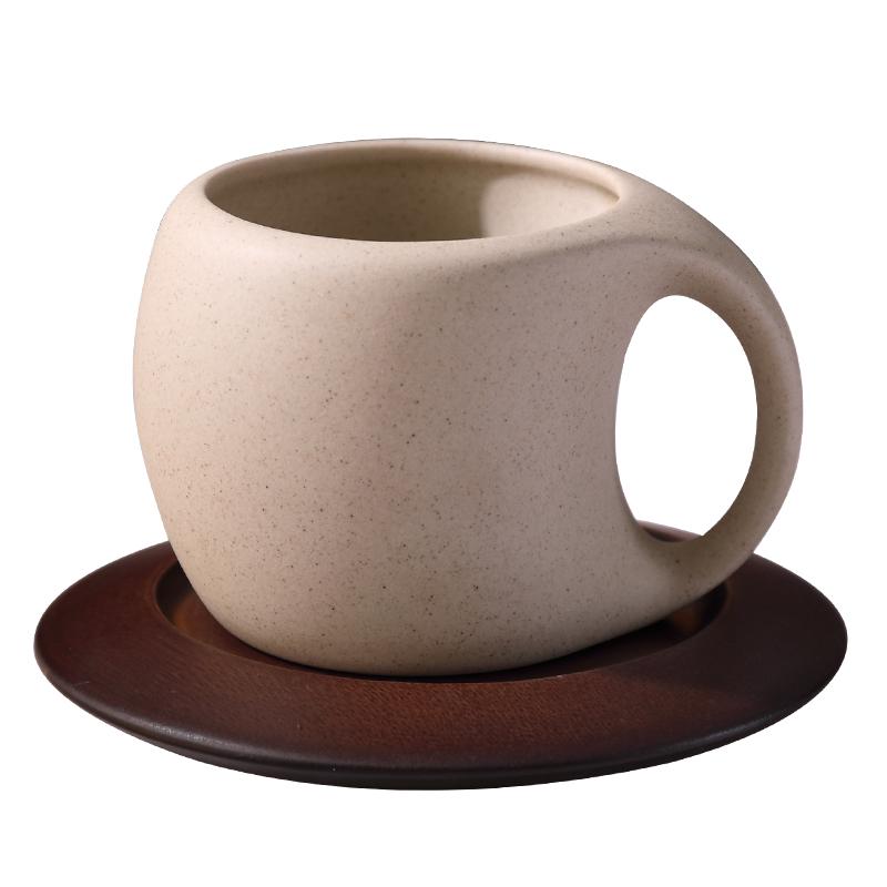 Retro Keramik Kaffee Tasse & Untertasse Set mit Holz Untersetzern & Löffeln – Ideal für Latte, Americano und Nachmittagstee