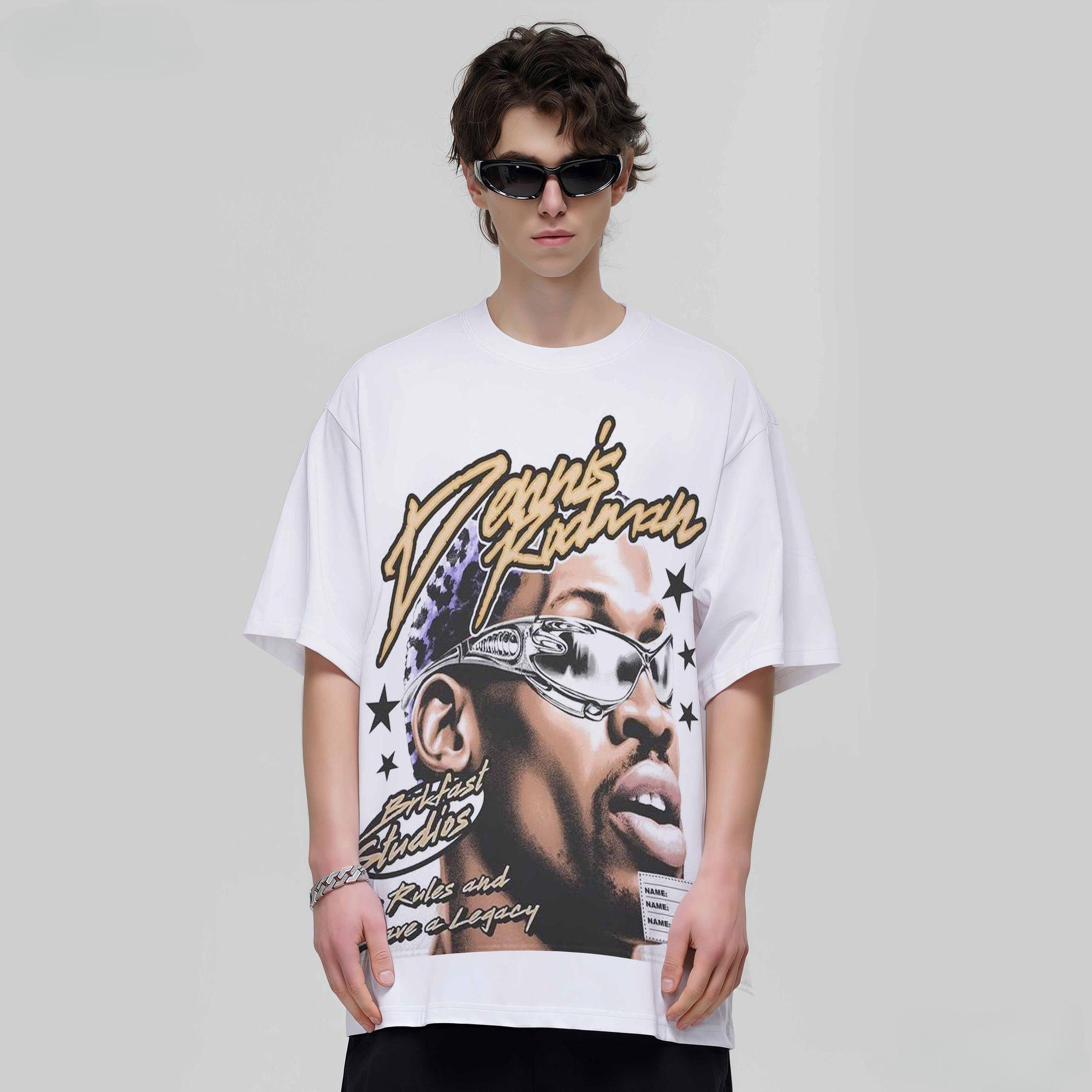 

American-style Trendy Casual Versatile Streetwear Print Retro High Street Round-neck Short-sleeved Loose T-shirt 5XL різнокольоровий