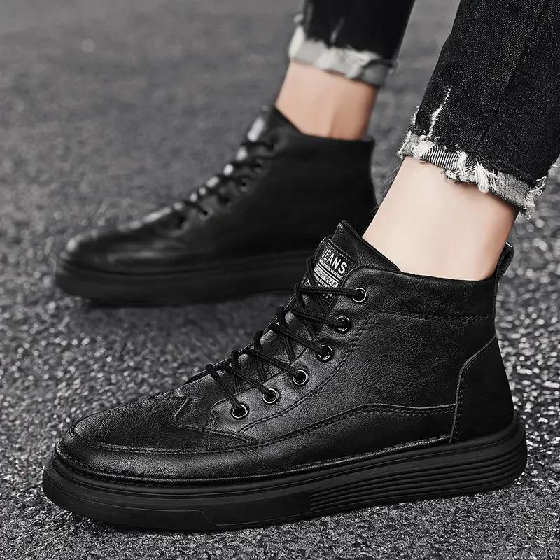 Men's High Top Boots Fashion Casual Leather Boots Lace Up Ankle Booties Classic Black Business Boots for Men Botas Hombre2025