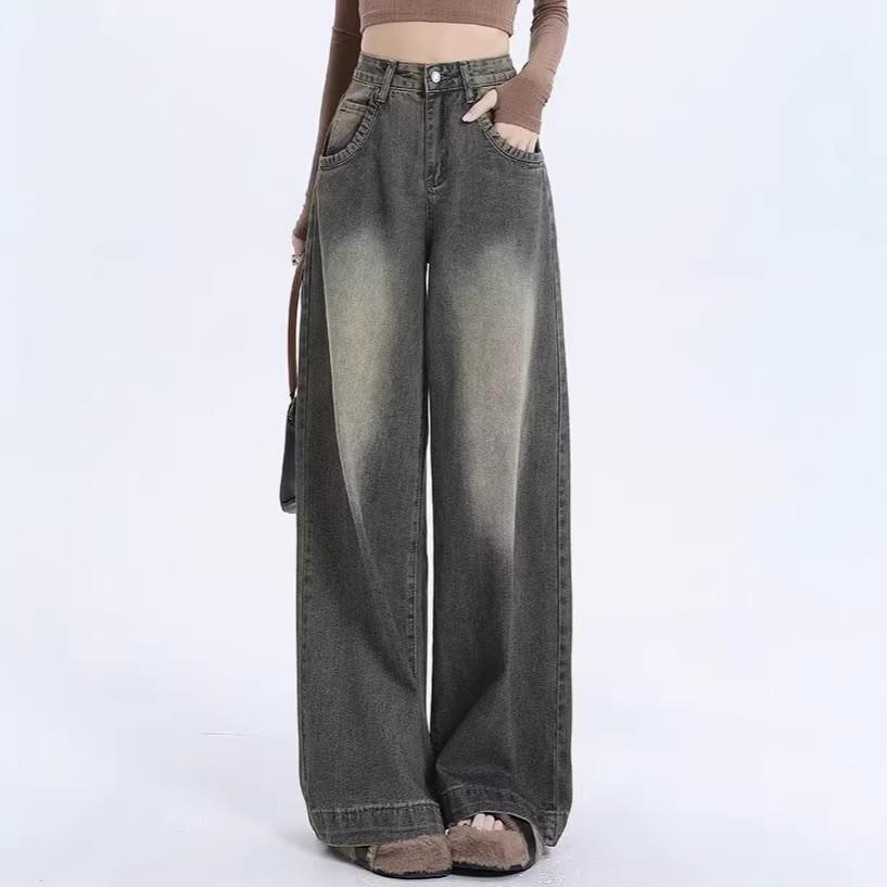 

Women s Plus Size High Waist Retro Wide Leg Jeans - Washed, Slimming, Straight, Floor Length 4XL