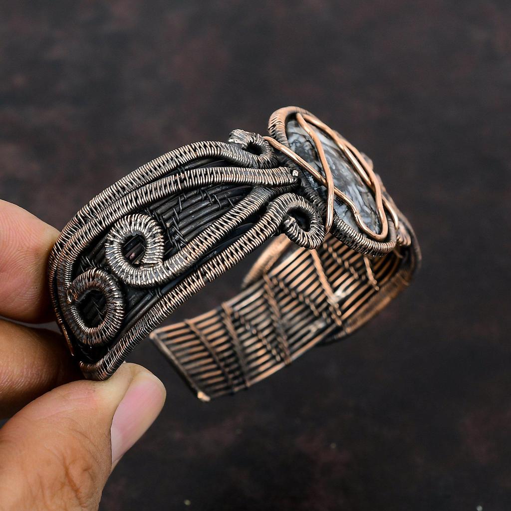 Pinolith Jasper Bangle Copper Wire Wrapped Cuff Bracelet Adjustable Bangle Handmade Jewelry Gemstone Bangle Copper WireJewelry Gift For Her