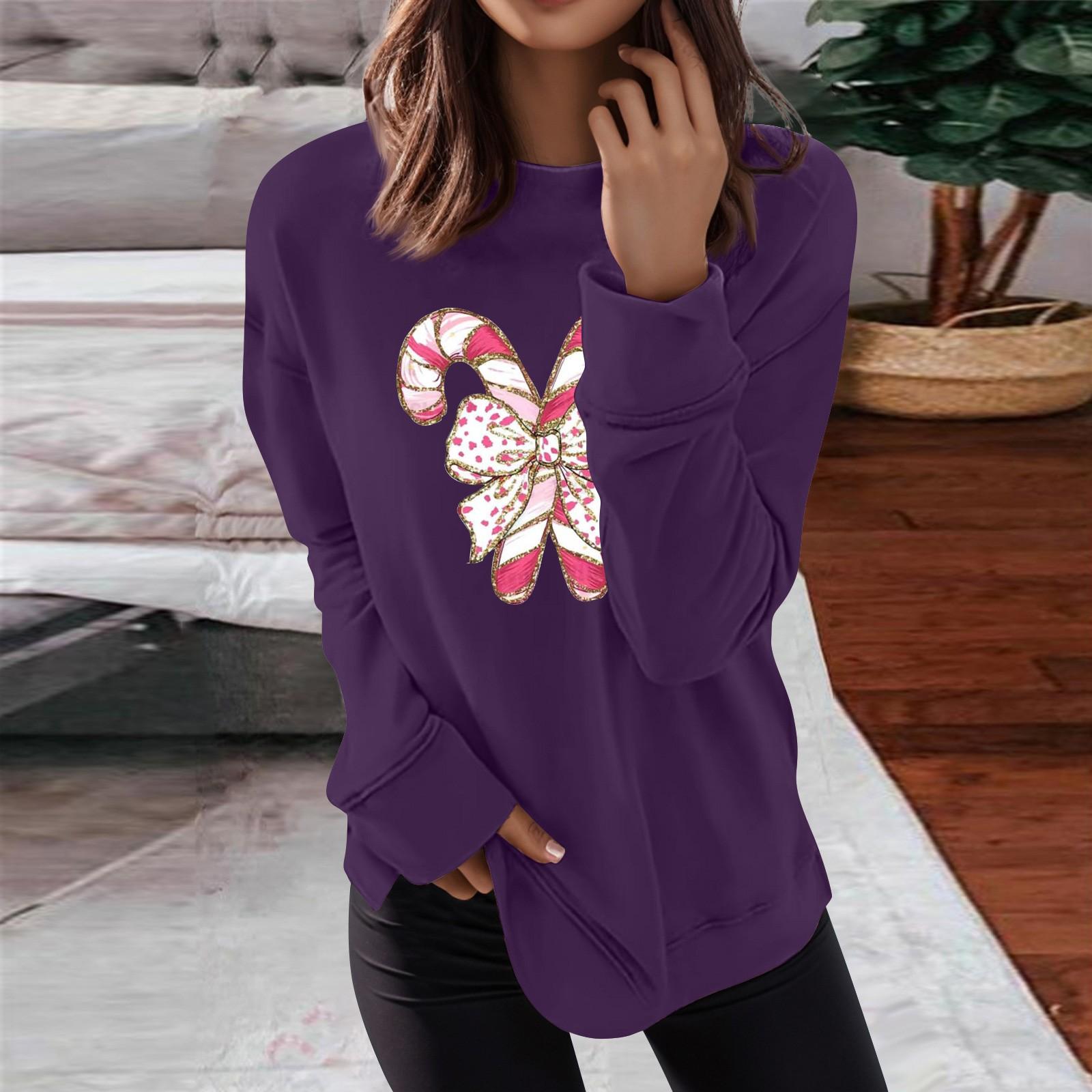 

Женская мода повседневная рождественская бантовая печать круглый вырез длинный рукав топ S фиолетовый