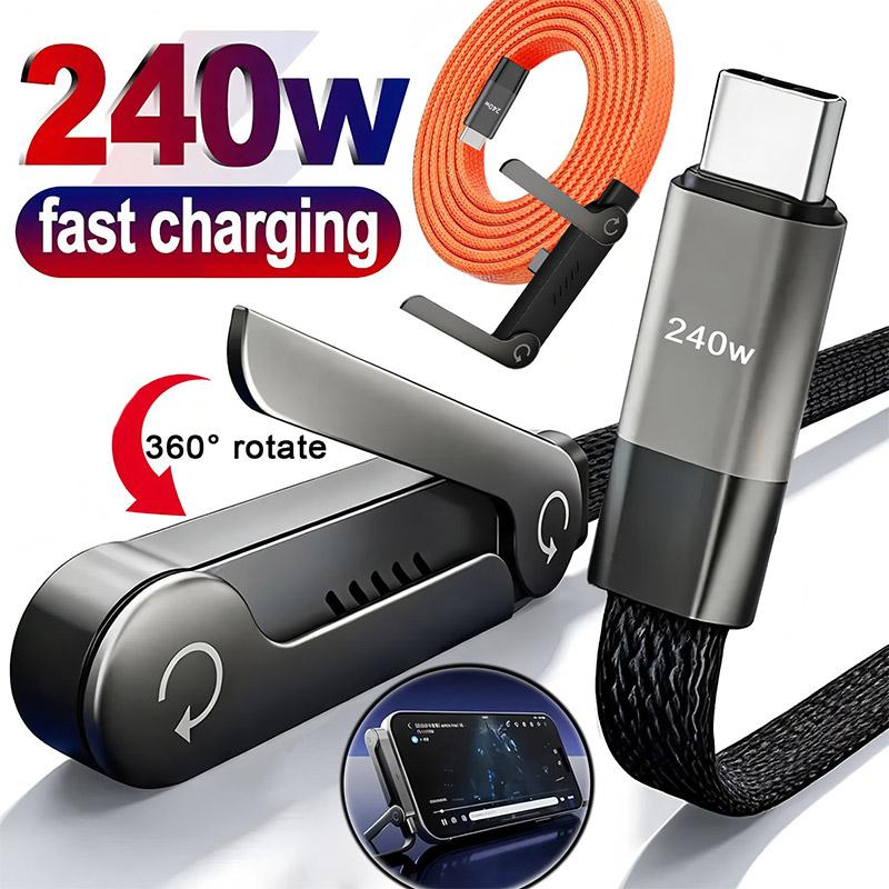 USB Type-C 240W Super Fast Charging Cable 2-in-1 Folding Holder For iPhone 15-17 Android Phone Charger Cable USB To C, C To C