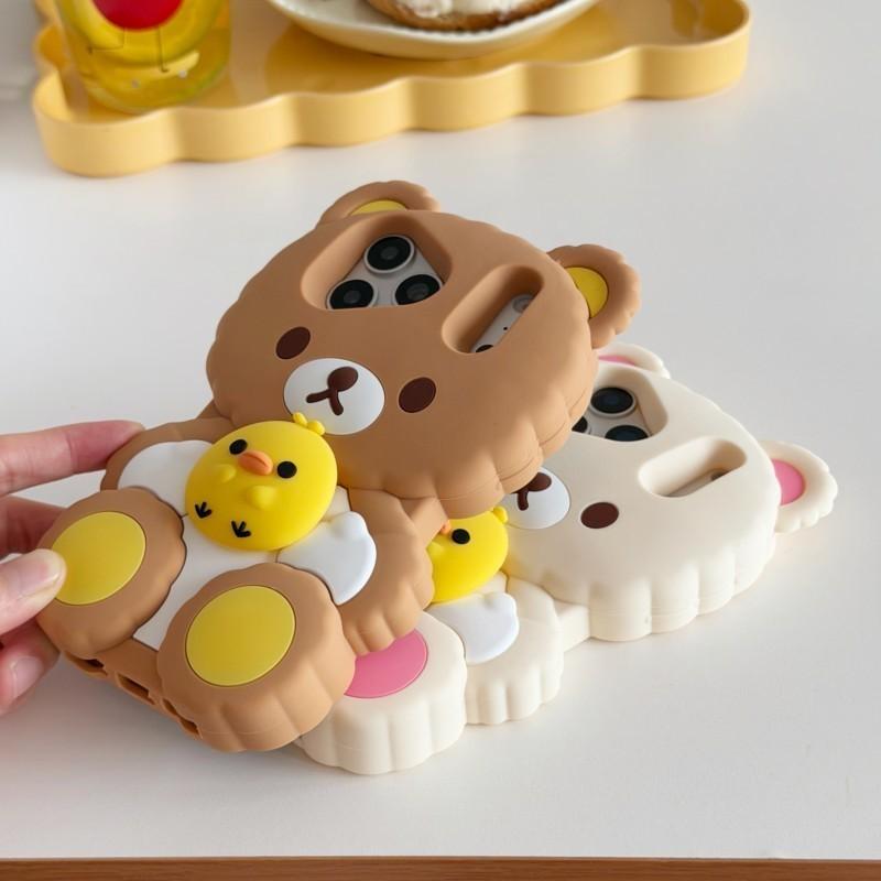 3D Rilakkuma Bear Hugging Duck Silicone Phone Case Soft Shockproof Cute Cartoon Cover for iPhone 17ProMax 17 16 15 14 13 Pro Max