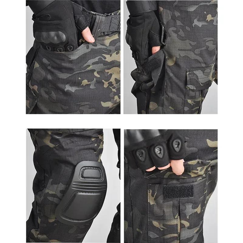 Černé Camo Tréninkové Sety s 1/4 Zipem Bojové Topy Taktické Obleky Turistické Kalhoty Pánské Odolné Košile Více Kapsami Odolné proti Opotřebení