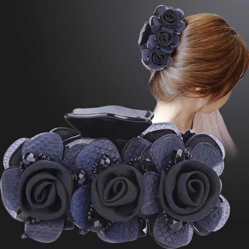 Non-slip Crossing Teeth Women Hair Claw Flower Beads Decor Bow Bath Hair Claw Styling Tool