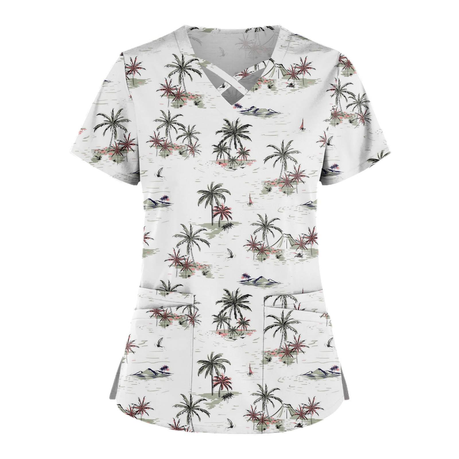 

Плюс размер, милая рабочая форма с принтом, топы для женщин, забавные футболки с перекрестным v-образным вырезом и короткими рукавами, рабочая одежда, футболка с карманами XL белый