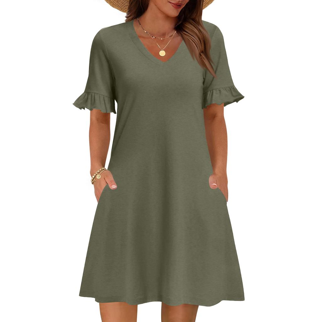 Women A Line Sun Dress Short Sleeve V Neck Dress With Pockets